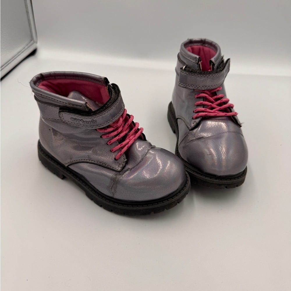 Carter's Girls Size 10 Shiny Silver Kids Combat Boots with Pink Laces - Picture 1 of 11